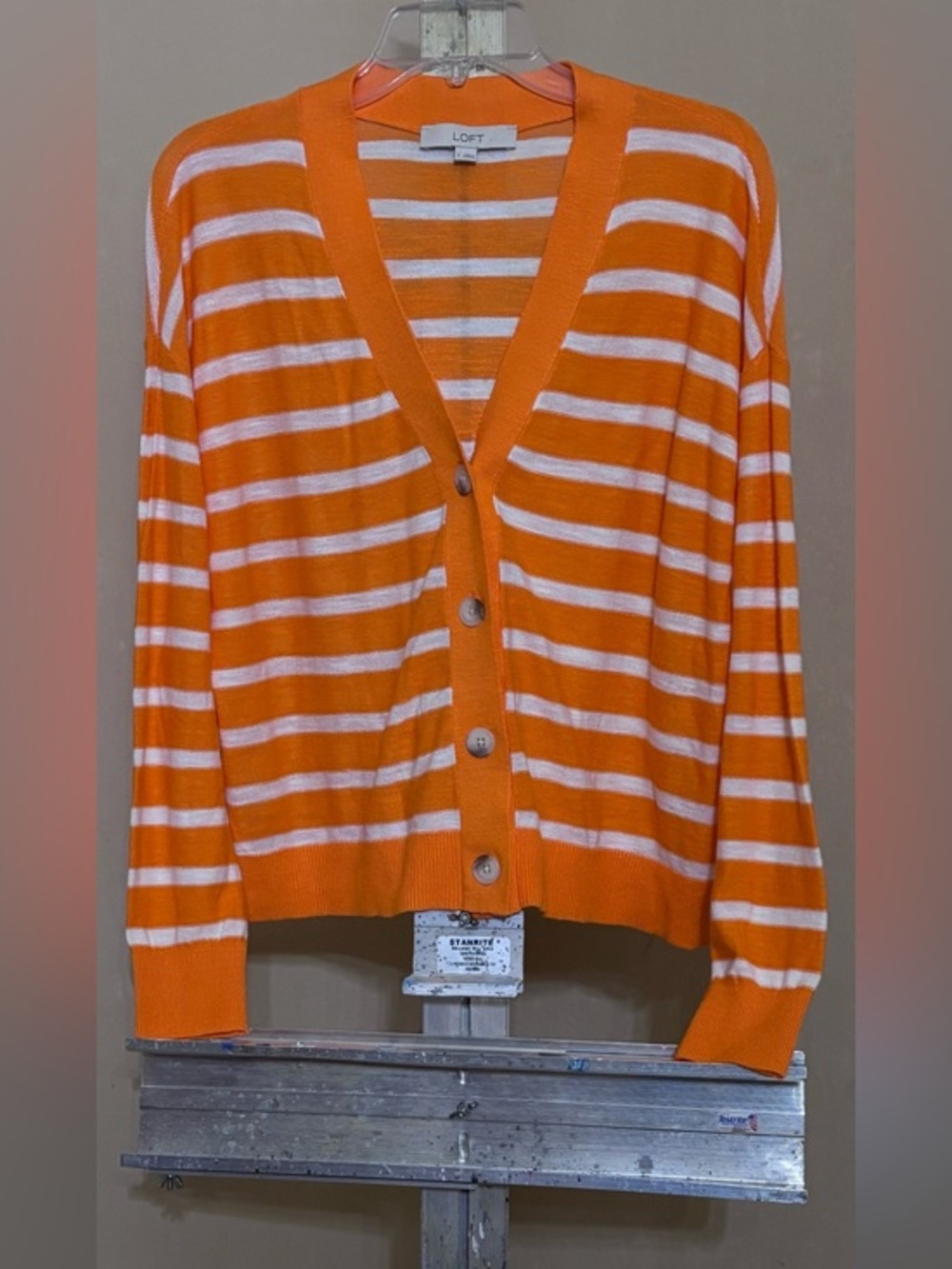 LOFT Orange & White Striped V-Neck Button Cardigan